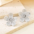 Detailed view of silver petal stud earring with brushed texture and central pearl detail - Brushed Silver Style (KE115288-KFC)