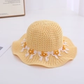 Yellow woven straw hat for girls featuring white lace trim and pearl flower accents - Pearl Flower / Circumference 50-53cm / Yellow