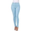 Detail view of light blue high waisted skinny jeans with stretchy denim fabric - Light Blue