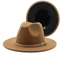 Detail view of a two-tone wool fedora hat with leather strap and inner lining details - Light Coffee + Black