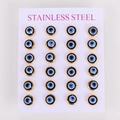 Golden stainless steel Turkish Evil Eye stud earrings on a white display card - Gold Frame Blue (12 Pairs Set)