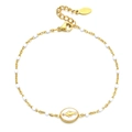 Minimalist stainless steel gold chain bracelet with white beads and oval religious charm - White