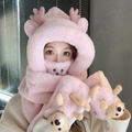 Ensemble écharpe à capuche 3-en-1 en peluche rose avec oreilles d'ours pour femmes - Adulte / Ensemble 4 pièces amélioré (Avec ours) / Rose
