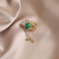 Golden floral brooch with green water-drop gemstone and zircon accents on silk - 540# Ginkgo Leaf