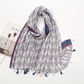 Close-up of bohemian scarf with red and blue fish patterns and elegant fringe trim - White Base Red Blue Fish Style (XB1015)