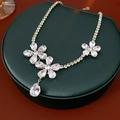 Silver flower necklace with sparkling zircon stones and teardrop pendant on display - 7# Necklace - Silver - Flower Teardrop
