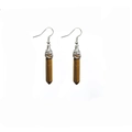 Macro view of tiger eye stone hexagonal column earrings with silver hooks - Tiger Eye