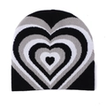 Winter knitted beanie featuring stylish concentric heart patterns in black, grey, and white - Black