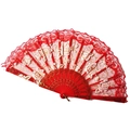 Red lace folding fan with golden rose embroidery and decorative plastic frame - Red
