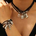 Western style bohemian jewelry set with cowboy hat and boot charms on black leather cords - Black Bracelet and Necklace Set (05 Black Set)