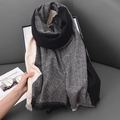 Two-sided cashmere-like scarf with grey herringbone pattern and beige fringe trim - 70-190CM / Black Beige