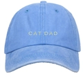 Close-up of light blue washed cotton baseball cap with white CAT DAD 3D embroidery detail - Washed Light Blue CAT DAD Embroidery Baseball Cap