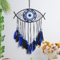 Handwoven Evil Eye Dream Catcher with black and blue feathers for boho wall decoration - Ms9148a / As Shown
