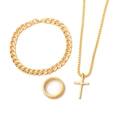 Golden hip hop jewelry set with cross pendant necklace, Cuban bracelet, and ring - Three-Piece Cross Collection (6019) / Gold