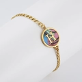 Gold stainless steel bracelet with shell-textured round pendant featuring letter H - Abalone Shell / Letter H / Colorful