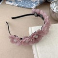 Elegant double-row headband with dusty pink chiffon flowers and pearl accents - Dusty Rose Rhinestone Flower