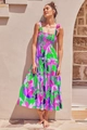 Detail of floral tiered maxi dress with ruched bodice and vibrant multi-color print - Magenta Floral Print