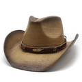Vintage brown cowboy straw hat with golden feather detail and wide distressed brim - M(56-58cm) / Khaki Brown
