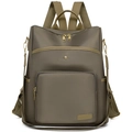 Front view of olive green soft texture backpack with multiple pockets and gold zippers - Khaki