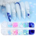 Detail of 12-grid Christmas snowflake nail sequins with finished manicure examples - 12 Grid Snowflake Sequins Series 2 (Blue Pink Purple White Iridescent)
