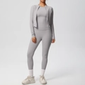 Ensemble de yoga 3 pièces gris clair avec veste, haut et legging taille haute sport - Gris Givré