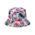 White bucket hat with red hibiscus and tropical leaf print for summer sun protection - Tropical Hibiscus (P)
