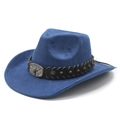 Close-up of blue suede cowboy hat featuring silver bull head buckle and star studs - M(56-58cm) / Navy Blue Suede