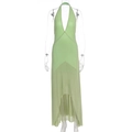 Dettaglio dell'abito all'americana in mesh verde chiaro con scollo a V e cuciture geometriche - S / Verde
