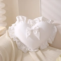 White heart-shaped decorative pillow with ruffled edges and elegant bow detail - White Bow Heart Pillowcase (Cover Only) / 40*50cm+6cm Ruffle