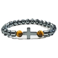Magnetic hematite bead bracelet with grey cross and tiger eye stone accents - Cross Charm & Tiger Eye (Style-3)
