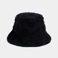 Detail shot of black fuzzy faux fur bucket hat with soft plush texture for winter warmth - M (56-58cm) / Checkerboard Style / Black