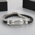 Men's double-layer bracelet with black braided leather and silver stainless steel chain - Double Layer Black Leather with Silver Stainless Steel Chain (KB69693-BD)