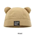Khaki beanie with cute bear ears and woven patch for stylish kids' winter fashion - M (54-58cm) / Khaki