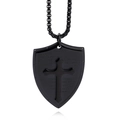 Collier pendentif bouclier en acier inoxydable noir avec écriture gravée et croix - Noir (KP79707)
