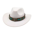 White western cowboy hat with turquoise vine embroidery on a brown leather band - One Size / White