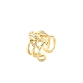 Gold plated wide multilayer open ring with Hamsa eye and celestial zircon symbols - Moon Star Hamsa Hand Style