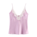 Elegant lavender satin camisole with white floral lace trim and V-neckline in flat lay view - XS / Pink