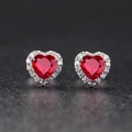 Elegant silver heart earrings featuring a red stone with white zircon halo crystals - Red Diamond Heart-shaped Earrings [white Gold] Led-78