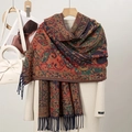 Thick autumn scarf with colorful paisley pattern and fringe trim on a beige coat - Dark Red Blue Green Gold (T492-09)