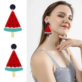Detail of acrylic watermelon popsicle earrings with red finish and green glitter - Large Watermelon Popsicle