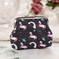 Black coin purse with pink unicorn and rainbow patterns featuring silver metal clasp - Starry Sky Unicorn