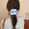 Light blue satin scrunchie with lace edge shown on a ponytail for women's hairstyle - Pearl Light Blue Satin (41#)