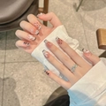 Uñas postizas French hechas a mano con lunares negros, perlas y lazos 3D únicos - 2153-Ataúd Corto / Extra Pequeño (XS)