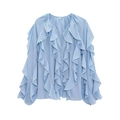 Detailed view of the layered ruffle neck and pleated texture of the light blue blouse - XS / Blue