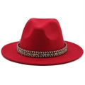 Classic red wool fedora hat with ethnic woven band and flat wide brim for men and women - M (56-58cm) / Ethnic Jazz Hat / Red