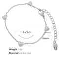 Silver stainless steel heart bracelet set with 16+5cm adjustable chain and lobster clasp - Horizontal Heart Bracelet / Silver