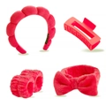 Pink 4-piece sponge headband set with wristbands, hair claw, and bow hair tie - Red 5pcs Set (Headband, Hair Clip, Scrunchies, Wristbands)
