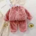 Kids warm plush two-piece lounge set in dusty pink with zipper jacket and soft pants - Pink / 80cm