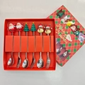 6-piece Christmas stainless steel spoon and fork set with silicone charms in a gift box - Silver - Figure C Spoon & Fork 6pcs Xmas Red Box