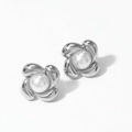 Silver flower stud earrings with central pearl inlay and spiral petals design - Silver Flower Bud Earrings D2903